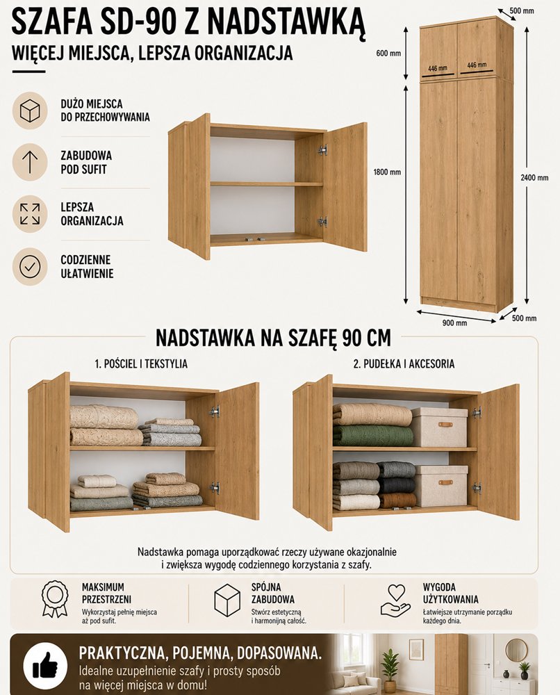 Szekrény felépítménnyel SD-90 ajtó polc artisan tölgy gardróbhoz