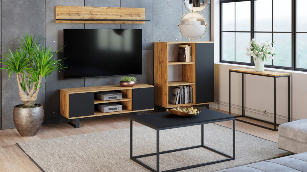 RTV Focus 155 cm cabinet - metal legs oak craft - black