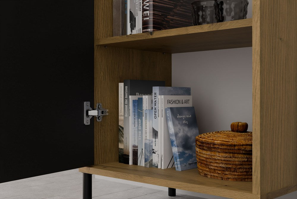 Vitrines szekrény KAMARO 2DK SLIM/sima artisan tölgy lamellás bordázott front + klasszikus