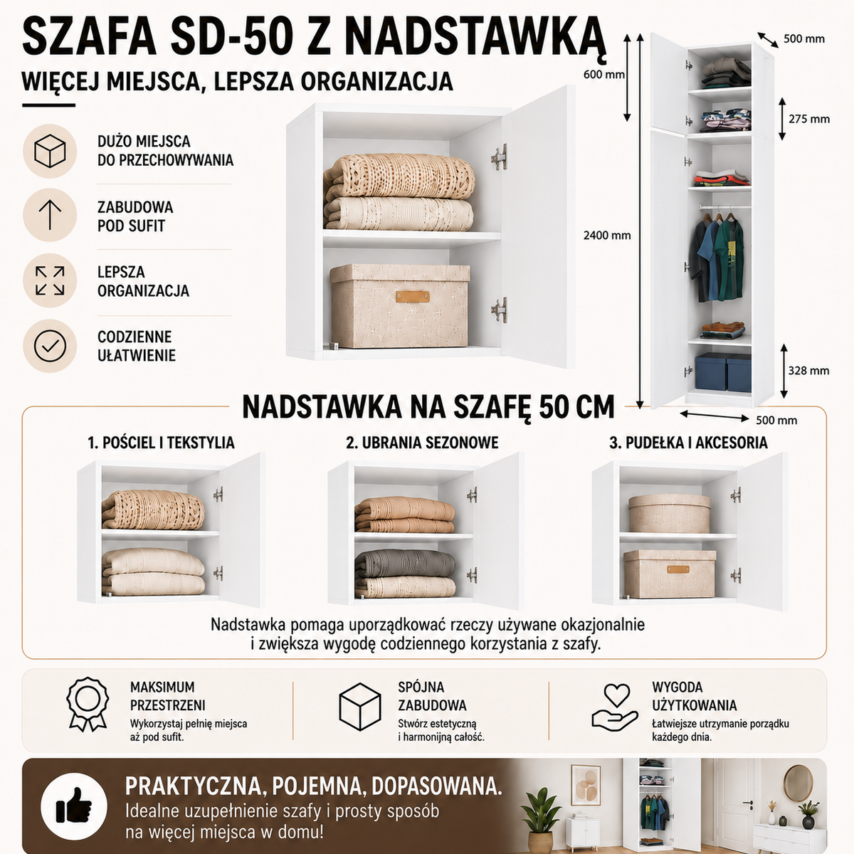 Szekrény felépítménnyel SD-50 ajtó polc matt fehér gardróbhoz