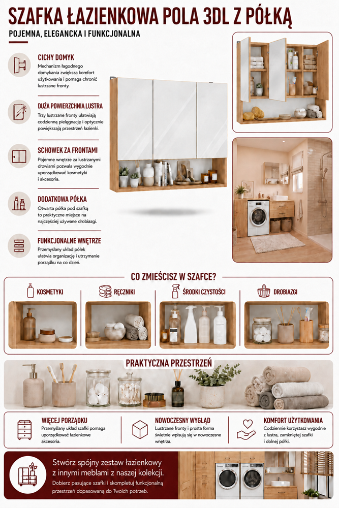 Fürdőszobaszekrény fali POLA 3DL/P artisan tölgy 80 cm 3 tükör polccal