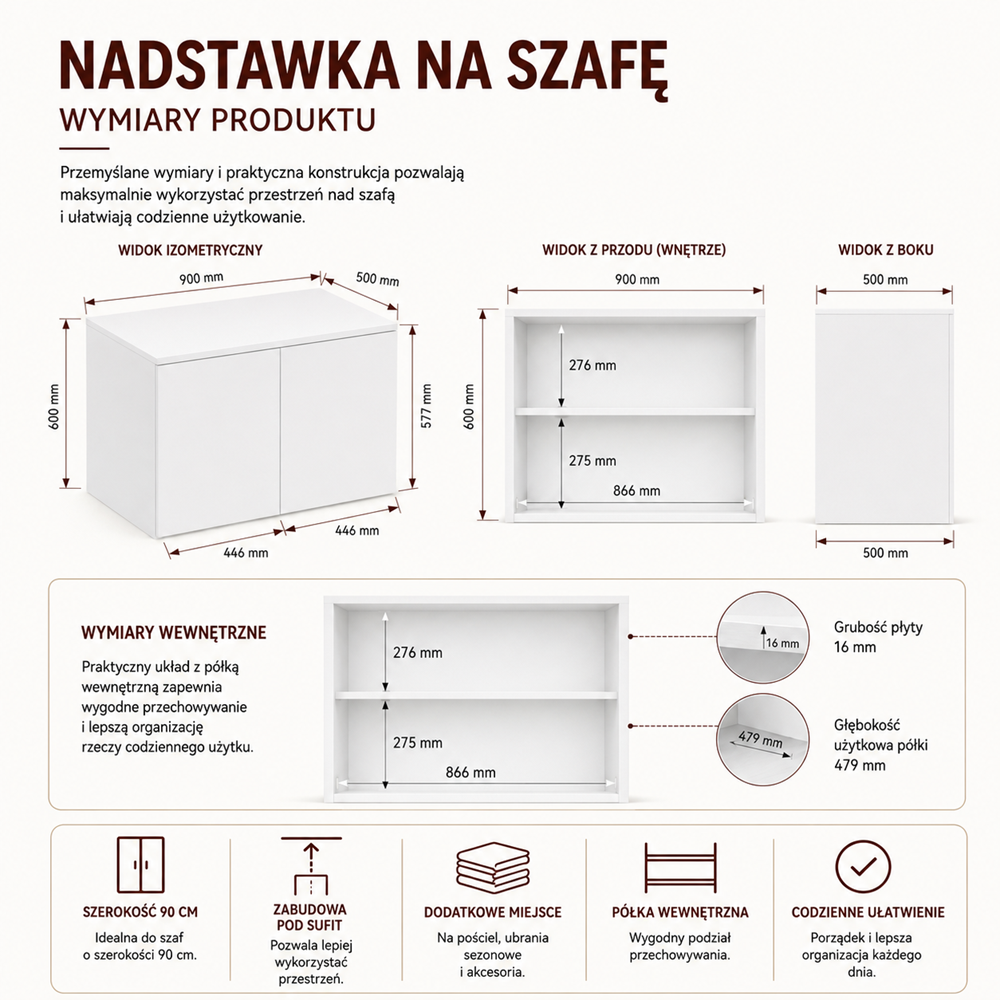 Szekrény felépítménnyel SD-90 ajtó polc fehér gardróbhoz