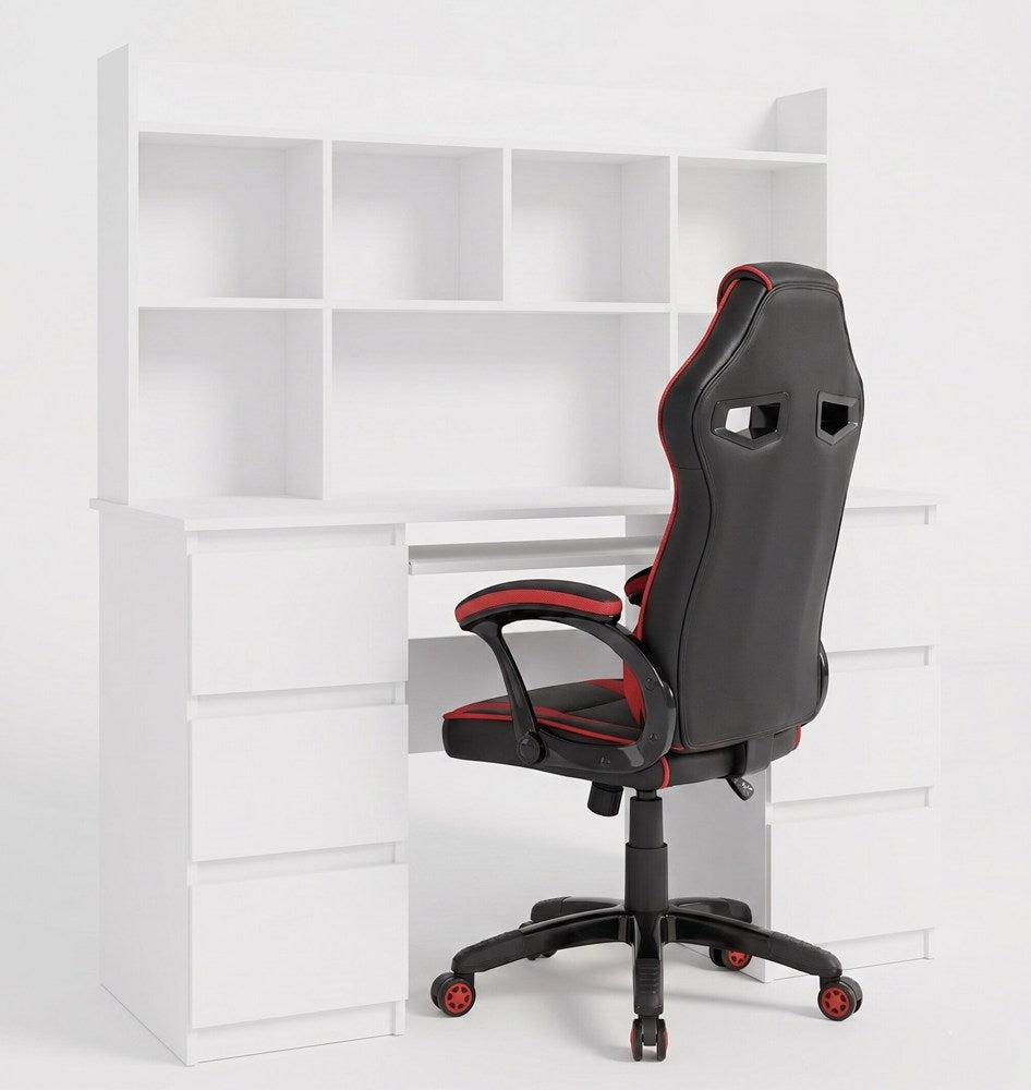 Íróasztal KUBA felépítménnyel fehér + Fotel DRIFT piros szett 6 fiókos