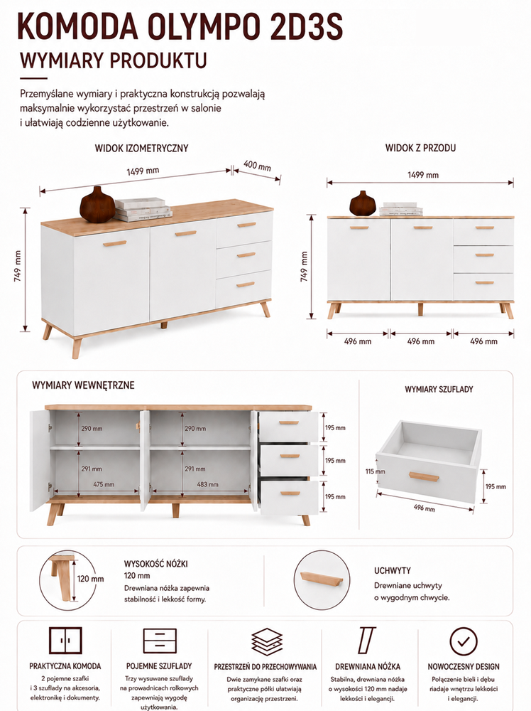 Komód OLYMPO 2D3S fehér / artisan tölgy 150 cm 3 fiókos 2 ajtós
