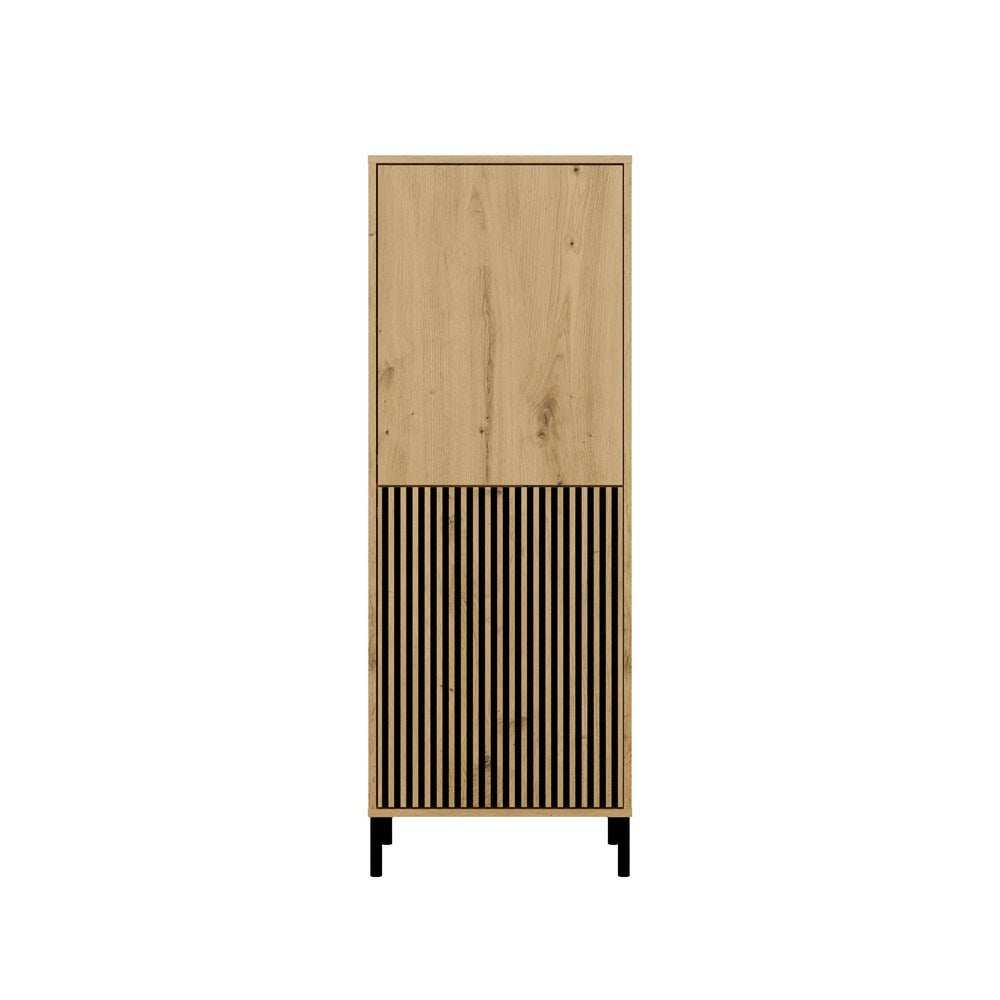 Vitrines szekrény KAMARO 2DK SLIM/sima artisan tölgy lamellás bordázott front + klasszikus