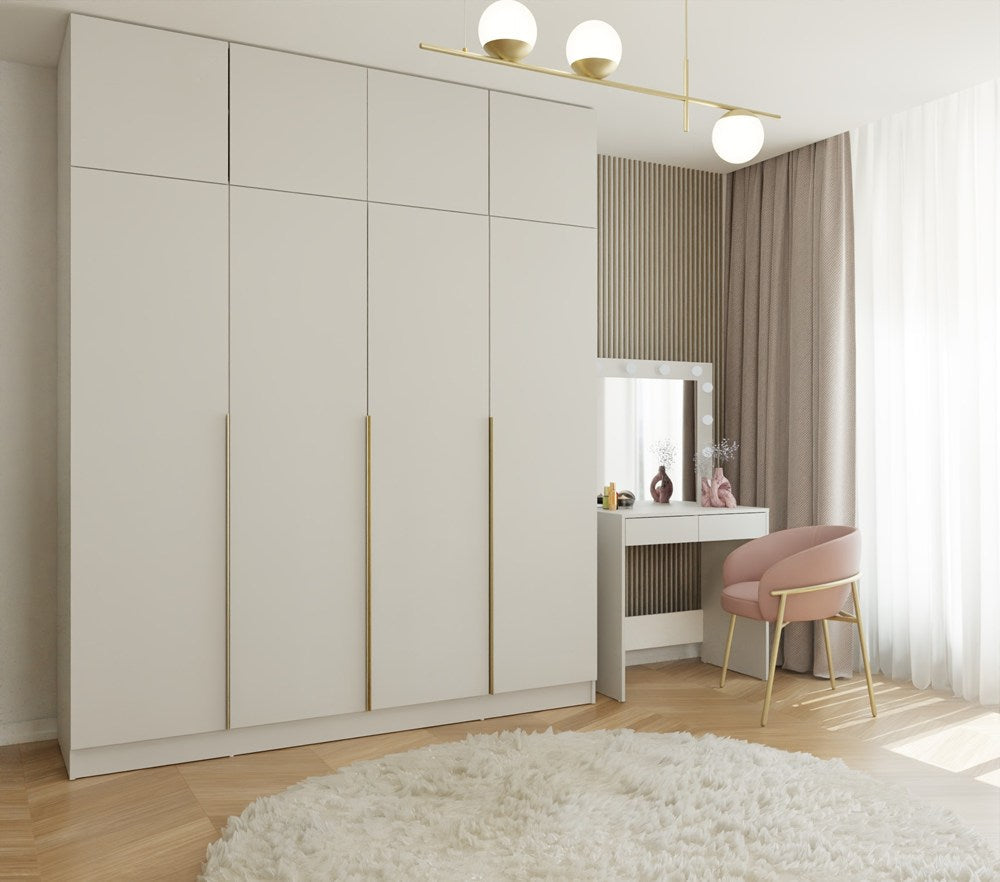 Szekrény SENSO 4D felépítménnyel Wysoka kasmír ajtó arany fogantyúkkal 250x200 cm