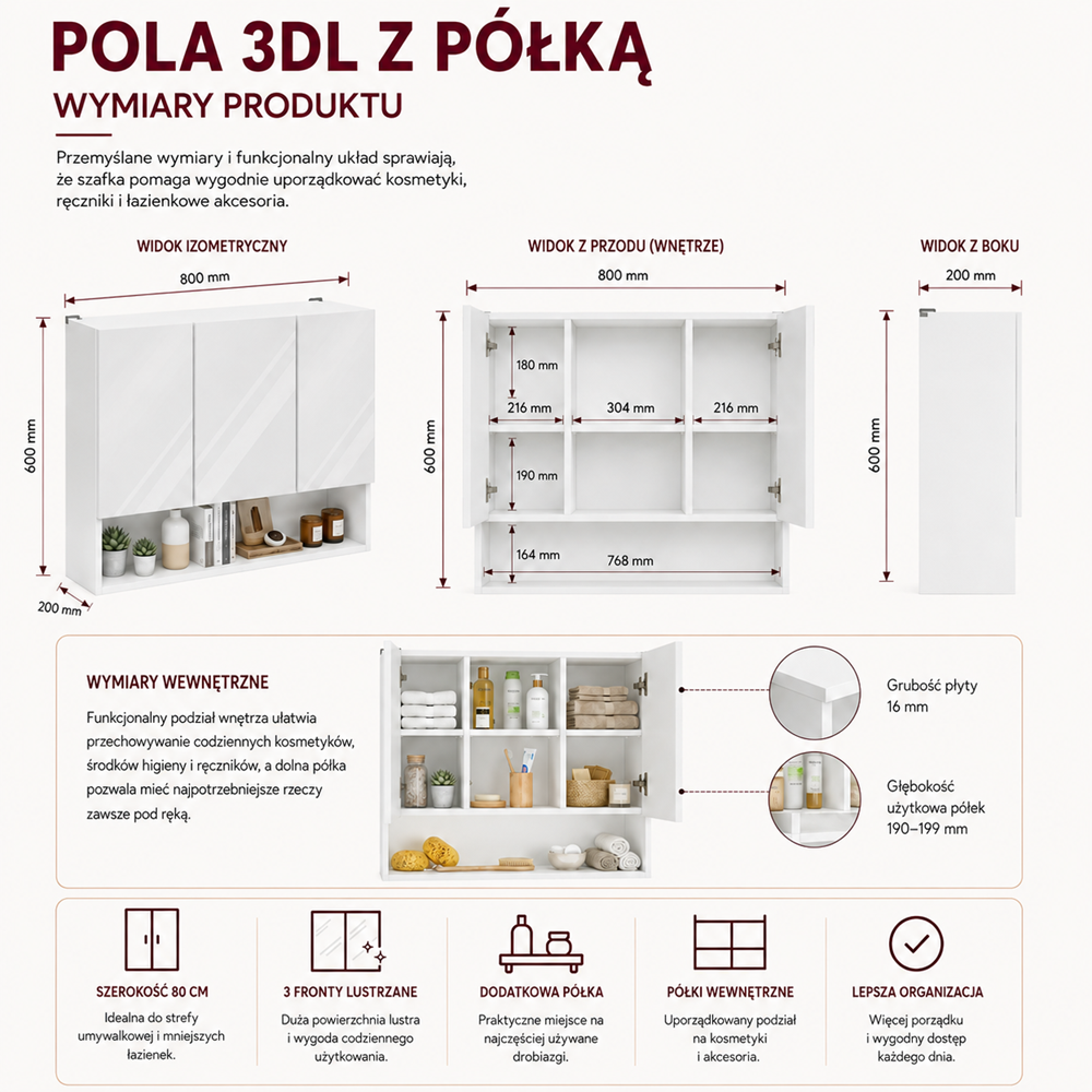 Fürdőszobaszekrény fali POLA 3DL/P fehér 80 cm 3 tükör polccal