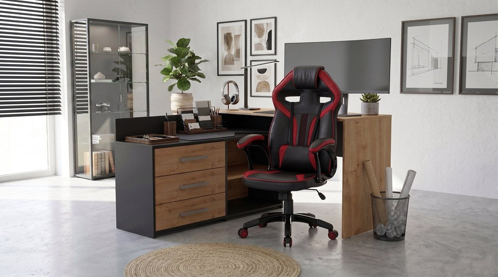 Szett Íróasztal DANY sarok antracit/artisan tölgy + Fotel DRIFT piros