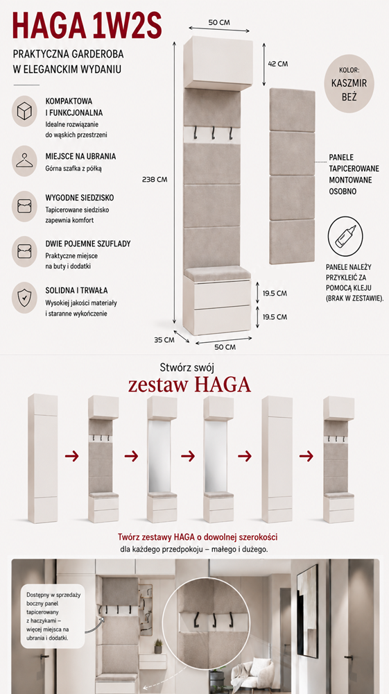 Előszobabútor HAGA 1W2S Fogas 2 fiókos kasmír bézs 238x50x35