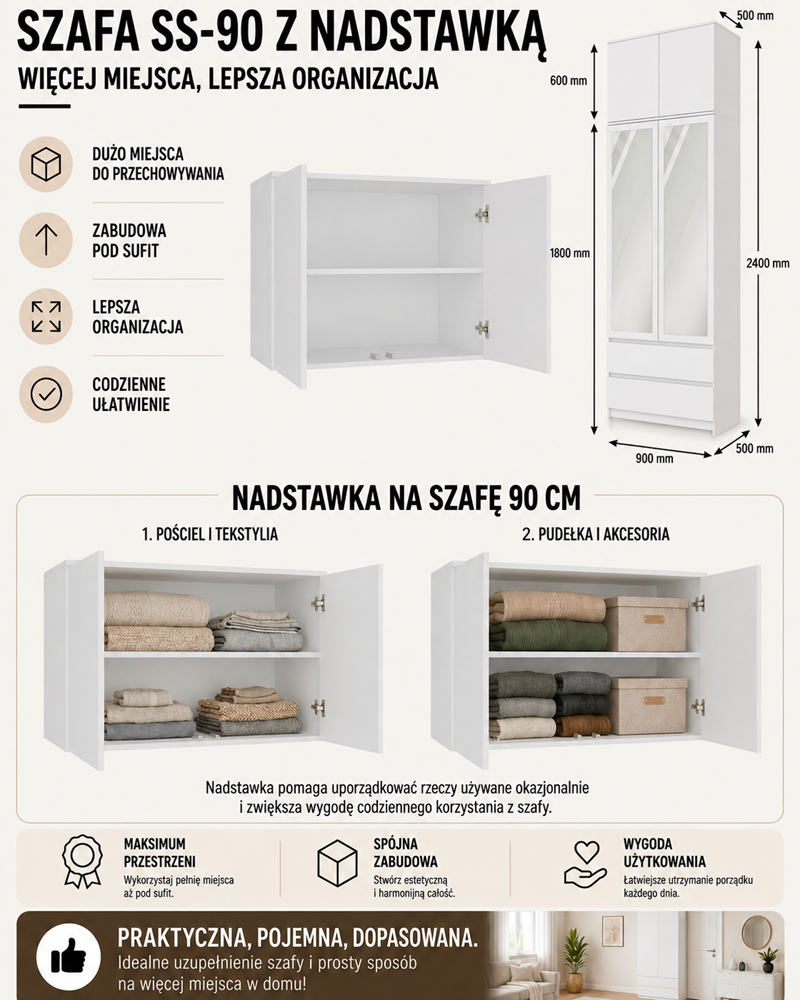 Szekrény Malwa SS-90 tükörrel felépítménnyel fehér 2 ajtós 2 fiókos