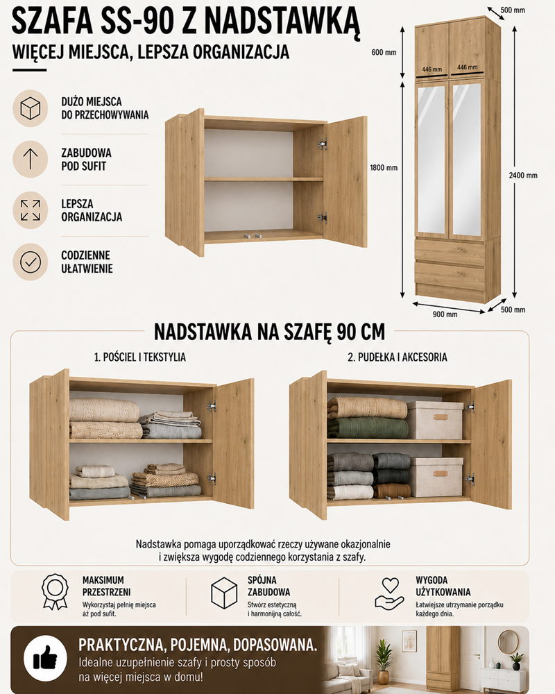 Szekrény Malwa SS-90 tükörrel felépítménnyel artisan tölgy 2 ajtós 2 fiókos