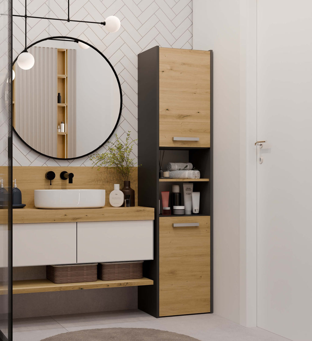 Fürdőszobai magas szekrény Sara S40 antracit artisan tölgy