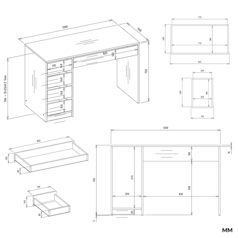 Íróasztal ARTO fehér 120 cm 5 fiókos