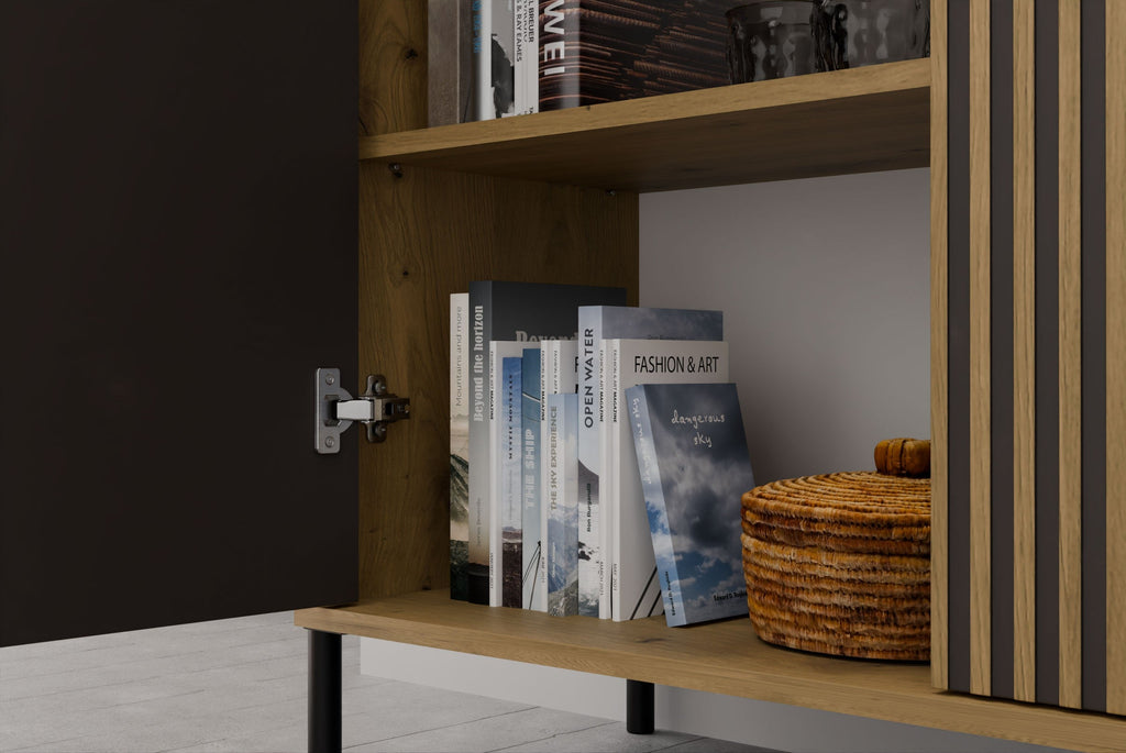 Vitrines szekrény KAMARO 4DK SLIM/sima artisan tölgy 4 ajtós lamellás bordázott front + klasszikus