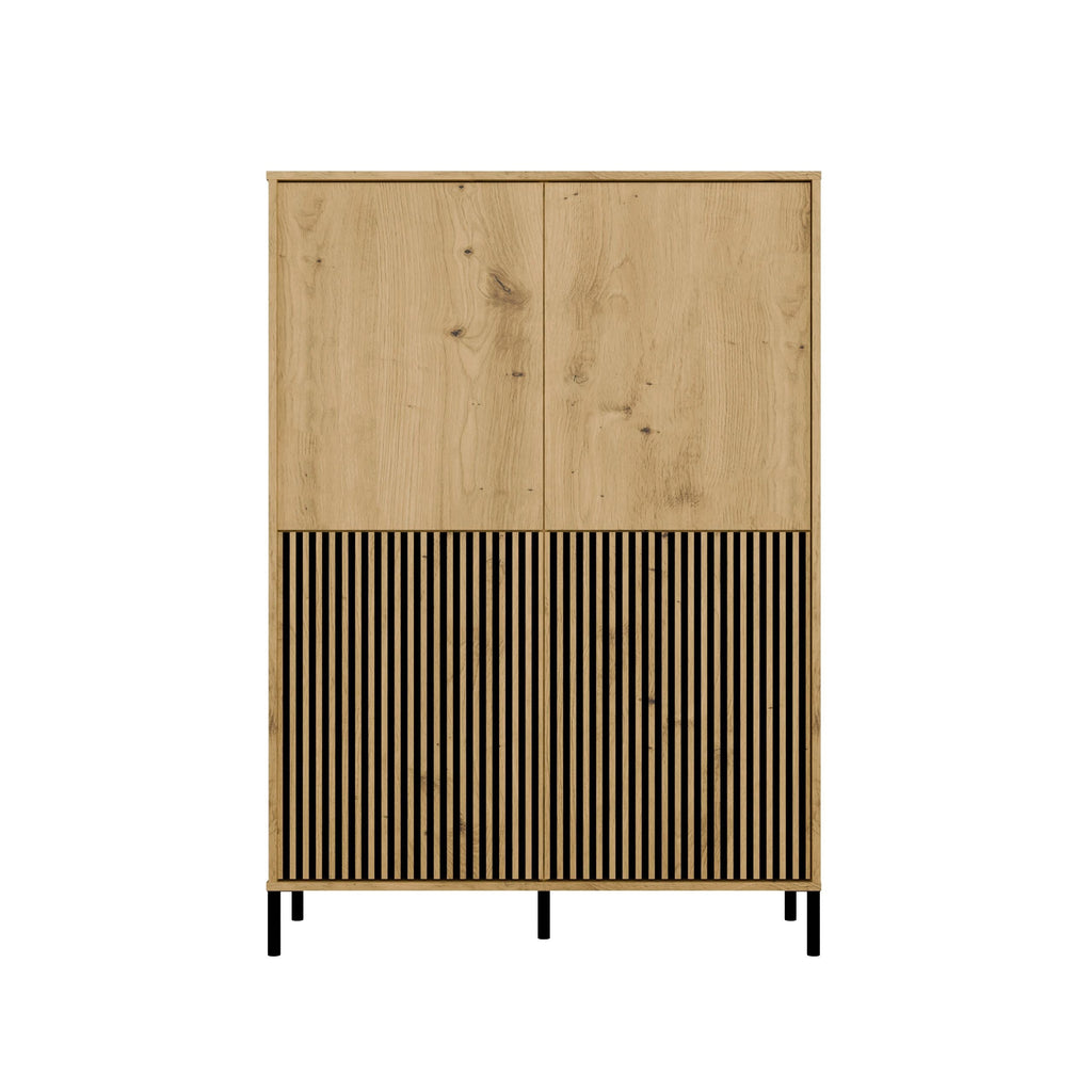 Vitrines szekrény KAMARO 4DK SLIM/sima artisan tölgy 4 ajtós lamellás bordázott front + klasszikus