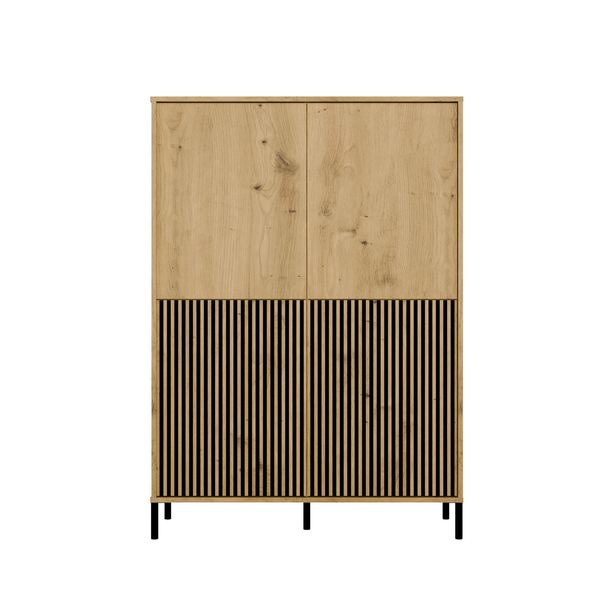 Vitrines szekrény KAMARO 4DK SLIM/sima artisan tölgy 4 ajtós lamellás bordázott front + klasszikus