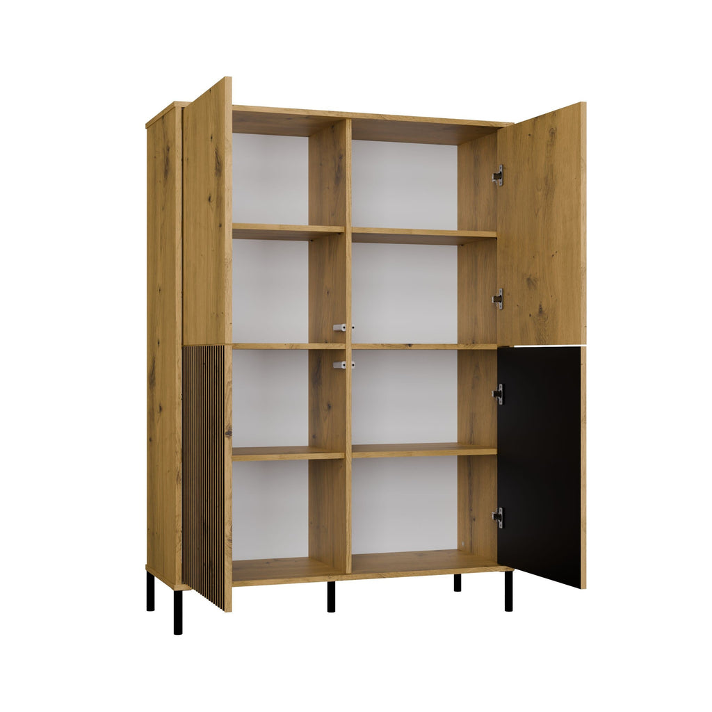 Vitrines szekrény KAMARO 4DK SLIM/sima artisan tölgy 4 ajtós lamellás bordázott front + klasszikus