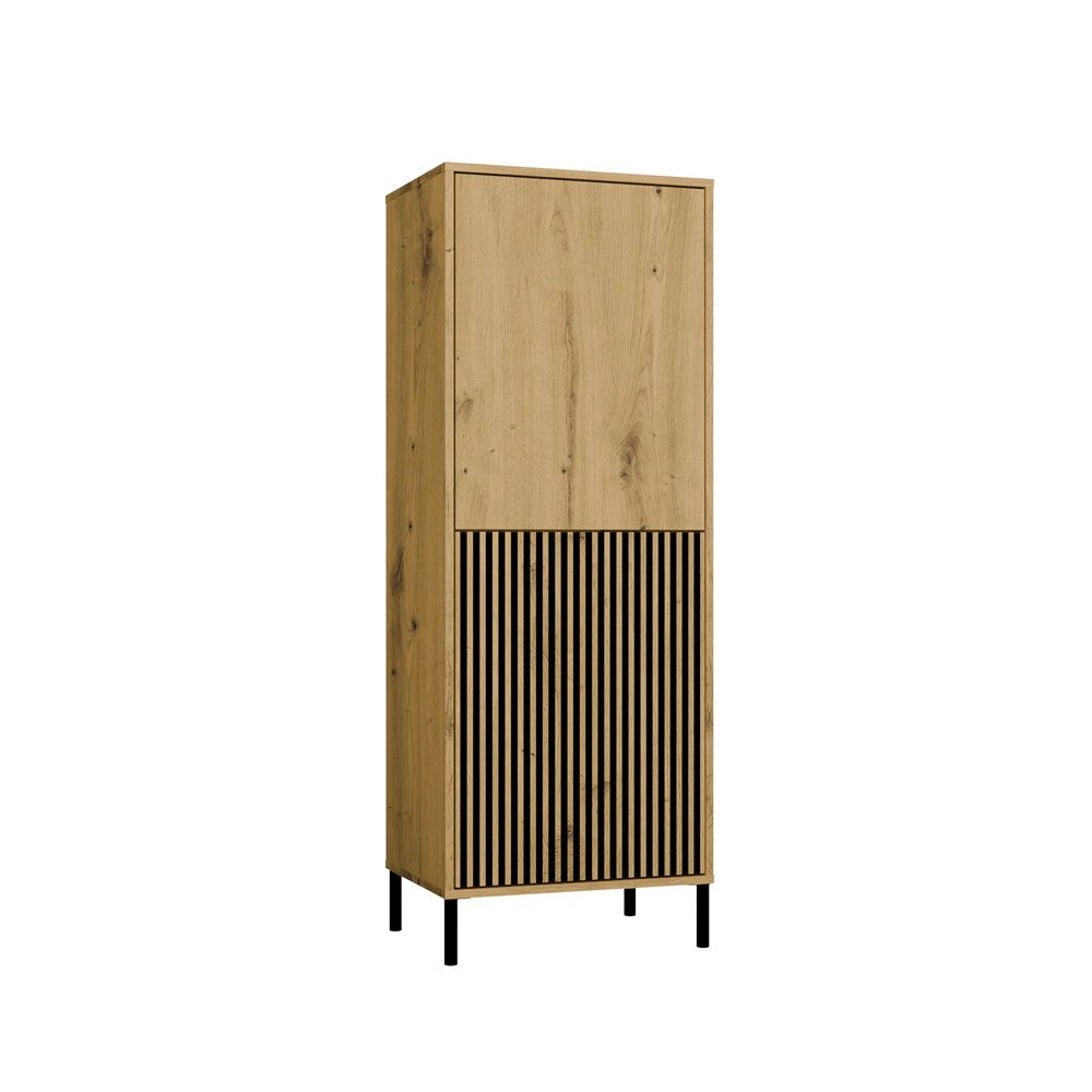 Vitrines szekrény KAMARO 2DK SLIM/sima artisan tölgy lamellás bordázott front + klasszikus