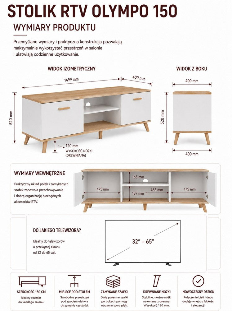 TV-szekrény OLYMPO 150 fehér / artisan tölgy 150 cm Kisasztal TV alá