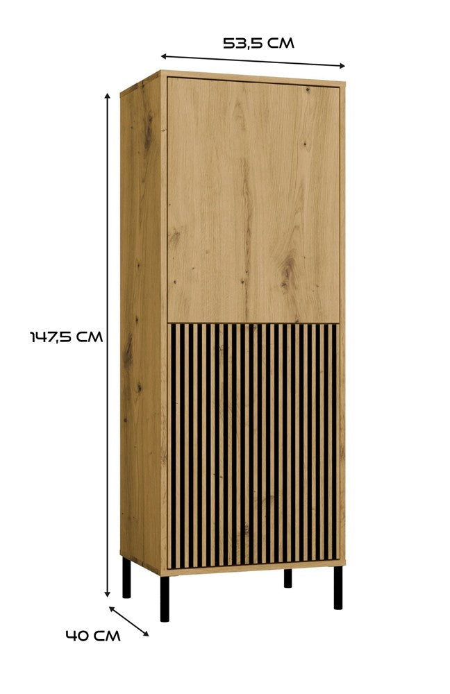 Vitrines szekrény KAMARO 2DK SLIM/sima artisan tölgy lamellás bordázott front + klasszikus