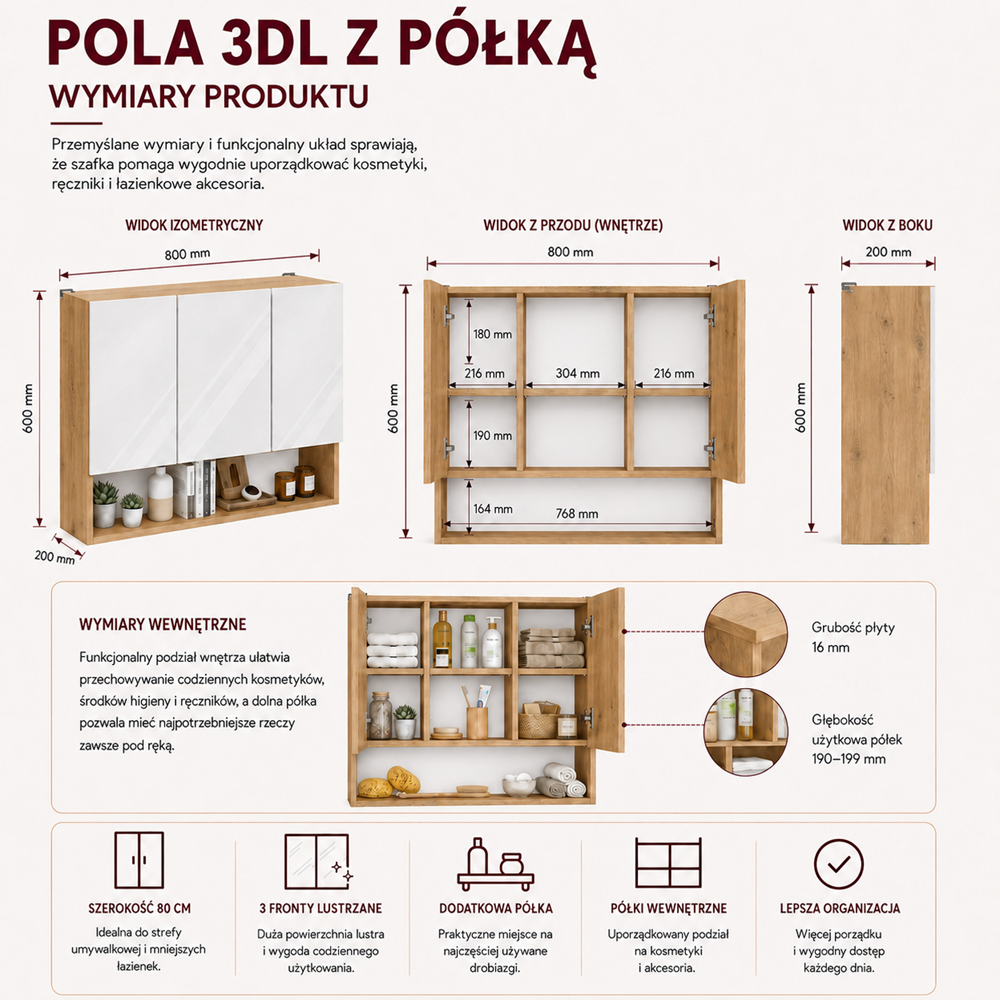Fürdőszobaszekrény fali POLA 3DL/P artisan tölgy 80 cm 3 tükör polccal