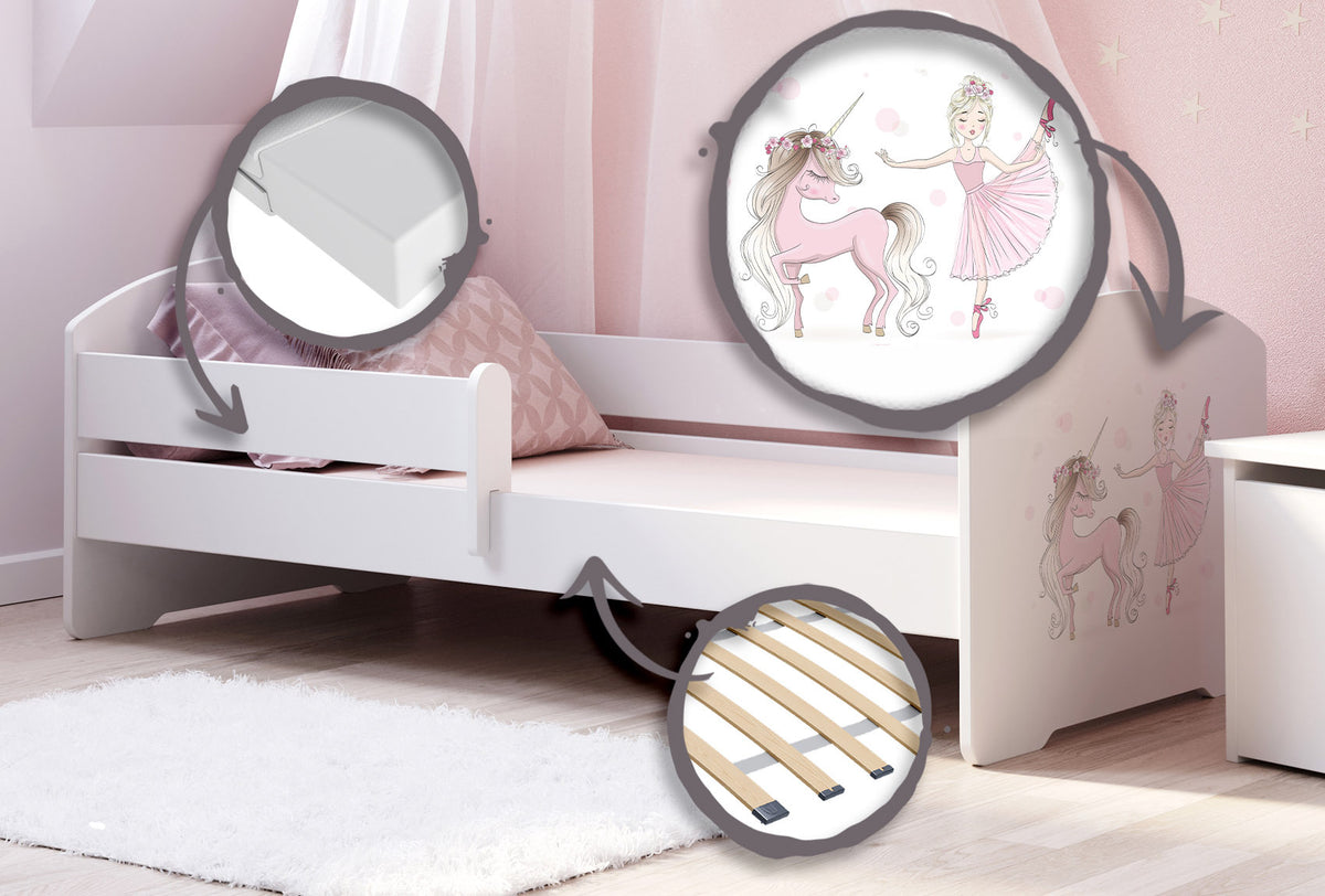 LUK children's bed 140x70 with railing - Girl with unicorn