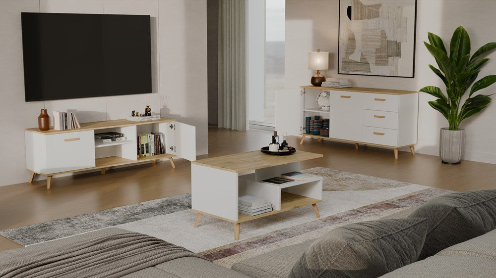 Komód OLYMPO 2D3S fehér / artisan tölgy 150 cm 3 fiókos 2 ajtós