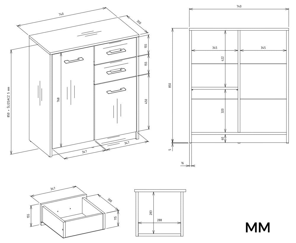 Komód SIMPLO 2D2S 2 fiókos 2 ajtós antracit artisan tölgy