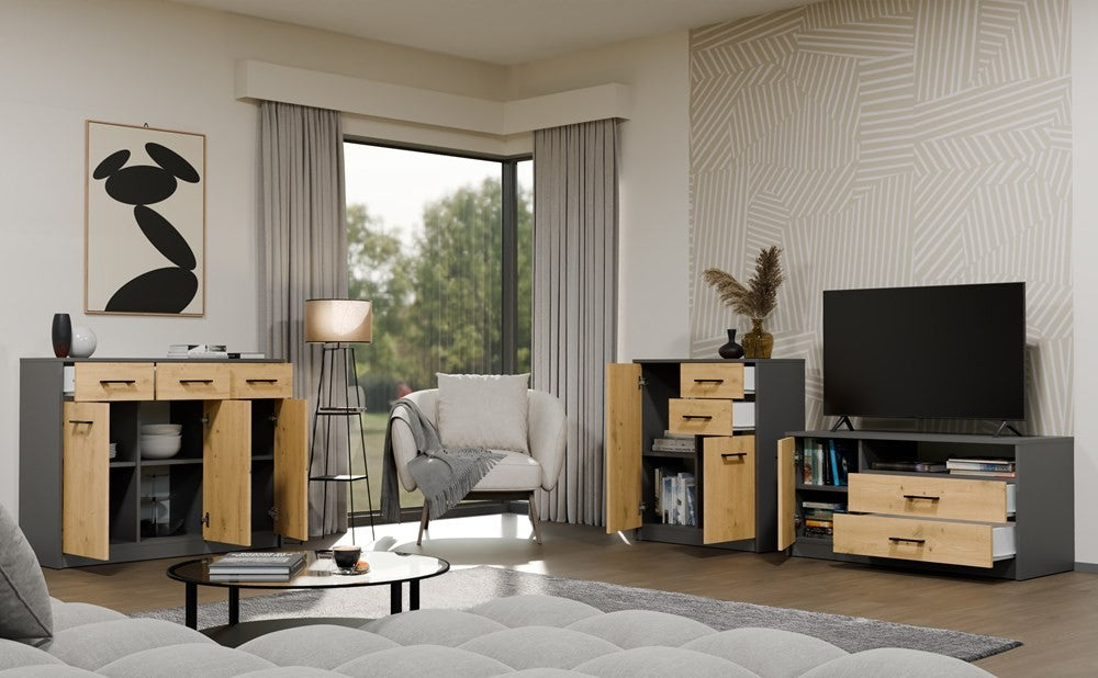 TV-szekrény SIMPLO 1D2S Kisasztal TV 2 fiókos 1 ajtós antracit artisan tölgy