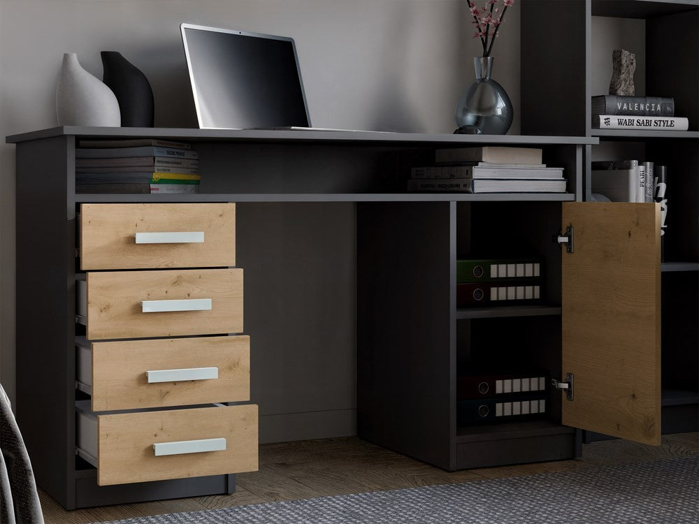 Íróasztal ADA antracit artisan tölgy 125 cm 4 fiókos polc