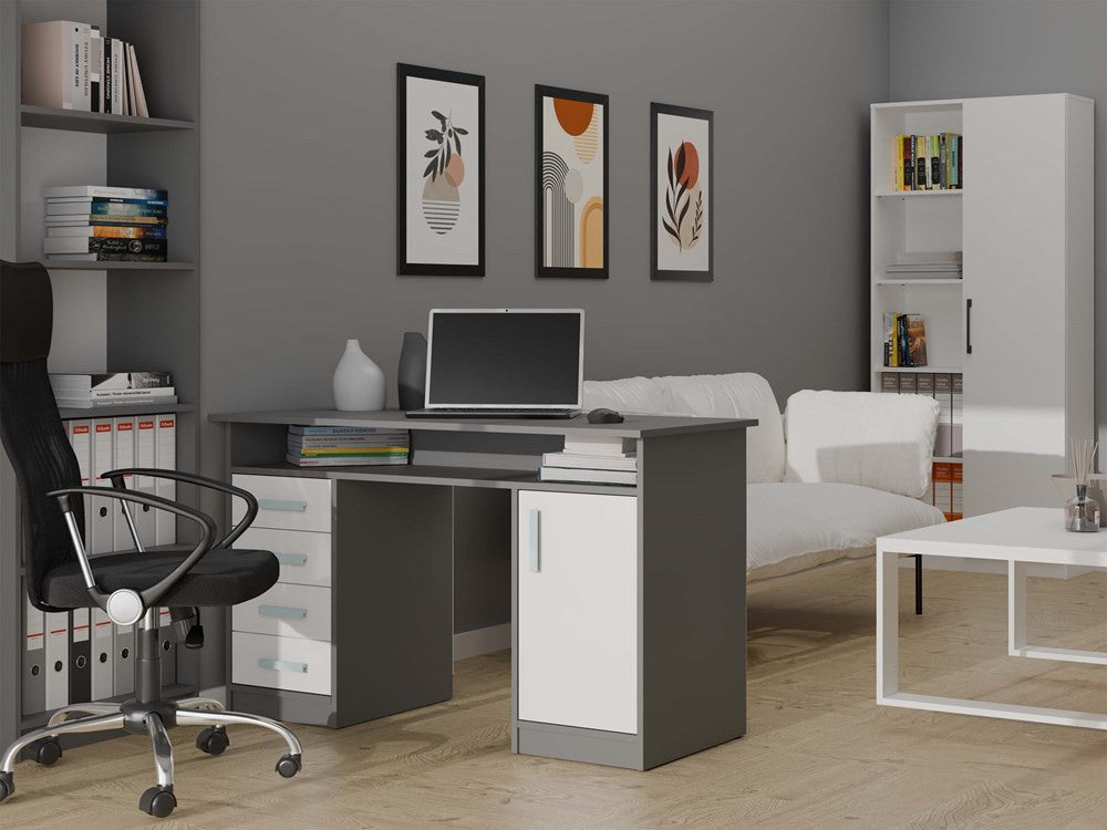Íróasztal ADA antracit fehér 125 cm 4 fiókos polc