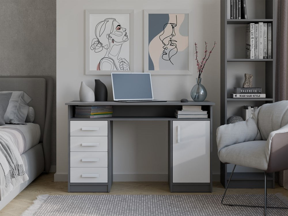 Íróasztal ADA antracit fehér 125 cm 4 fiókos polc