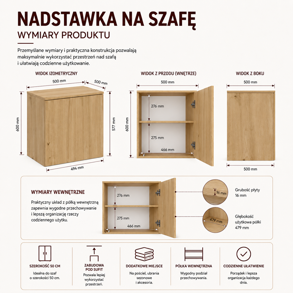 Szekrény felépítménnyel SD-50 ajtó polc artisan tölgy gardróbhoz
