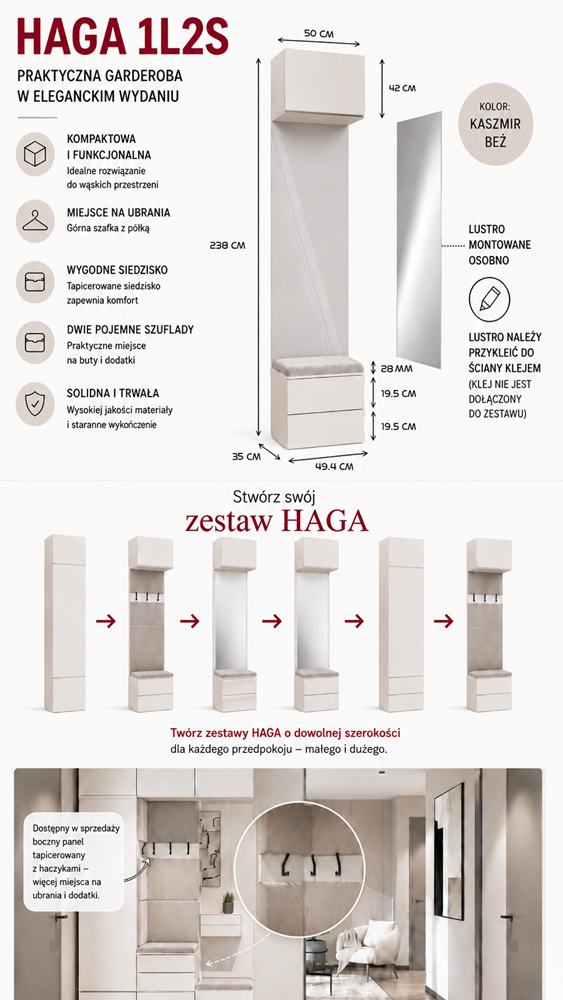 HAGA 1L2S előszobaszekrény 2 fiókos kasmír bézs 238x50x35 cm