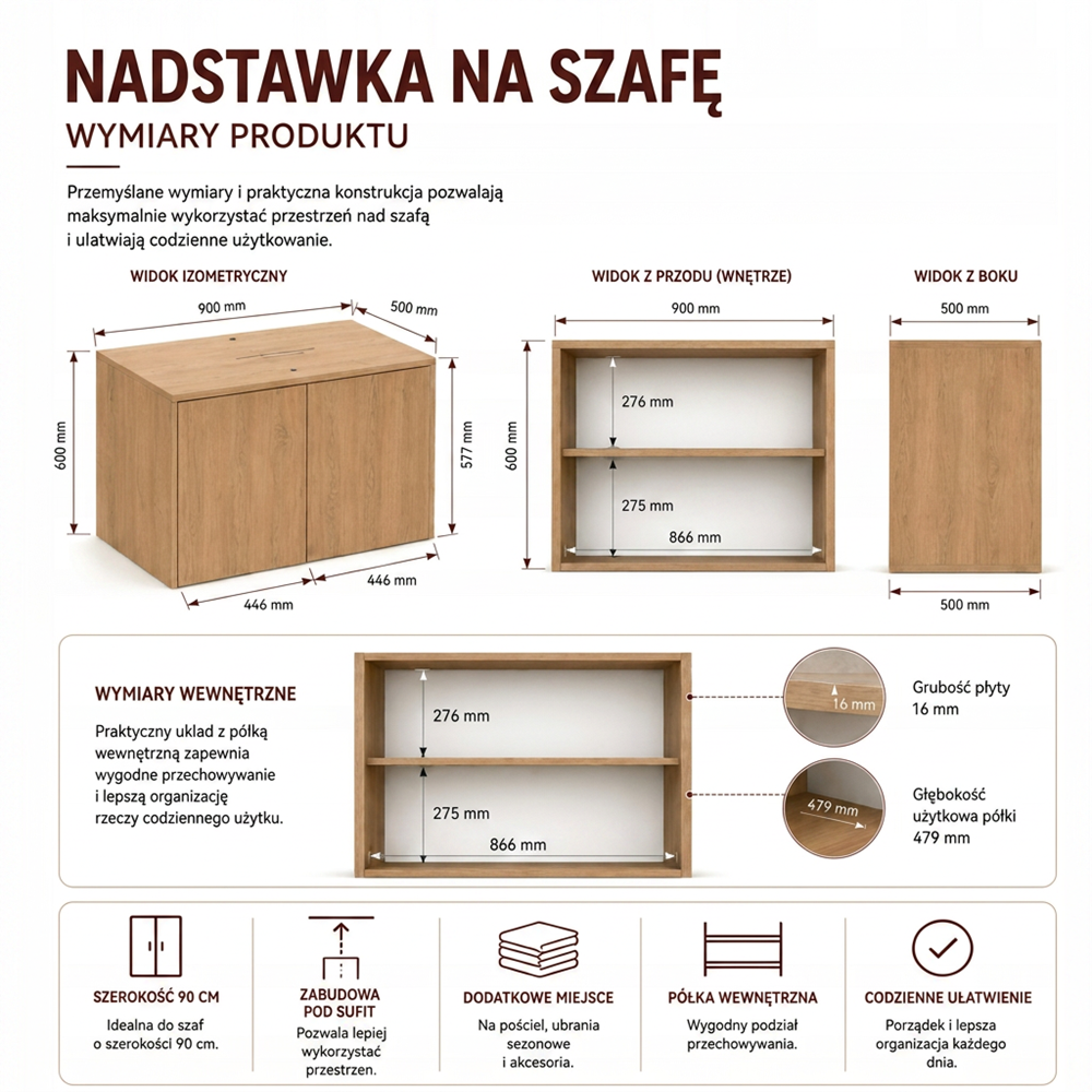 Szekrény felépítménnyel SD-90 ajtó polc artisan tölgy gardróbhoz