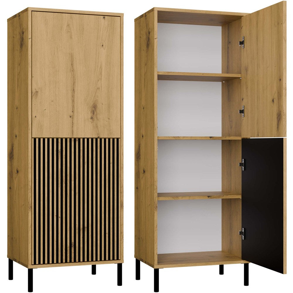 Vitrines szekrény KAMARO 2DK SLIM/sima artisan tölgy lamellás bordázott front + klasszikus