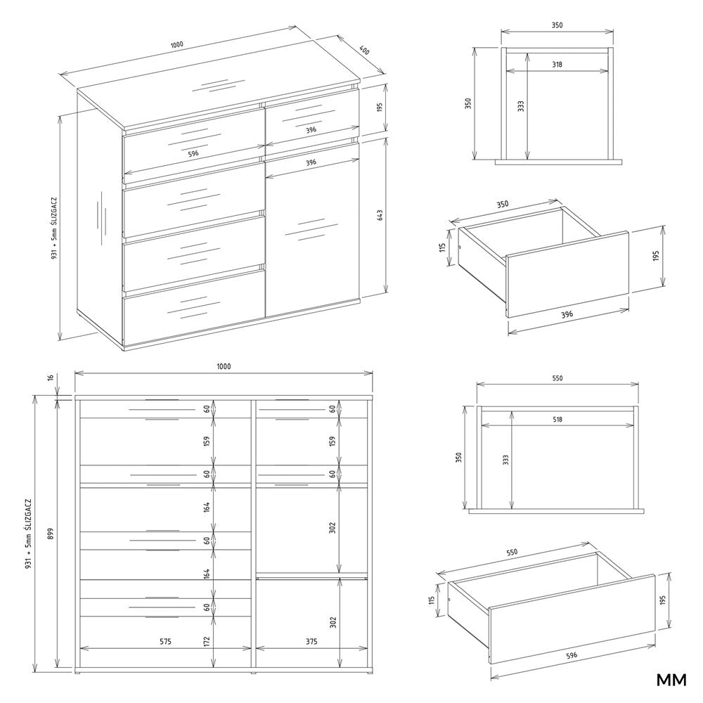 Komód 1D5S 1 ajtós 5 fiókos artisan tölgy