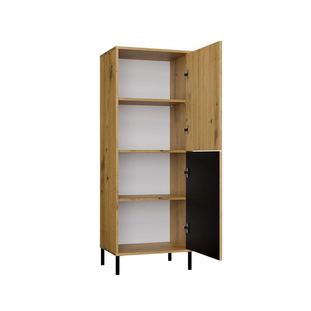 Vitrines szekrény KAMARO 2DK SLIM/sima artisan tölgy lamellás bordázott front + klasszikus