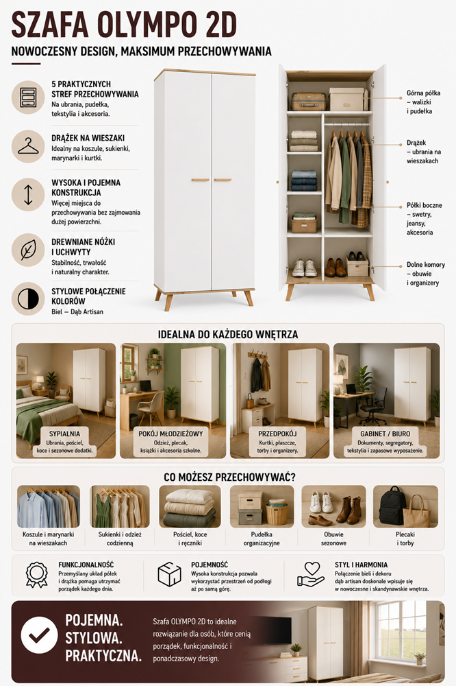Szekrény Ubraniowa OLYMPO 2D fehér / artisan tölgy 80 cm Drążek 2 ajtós