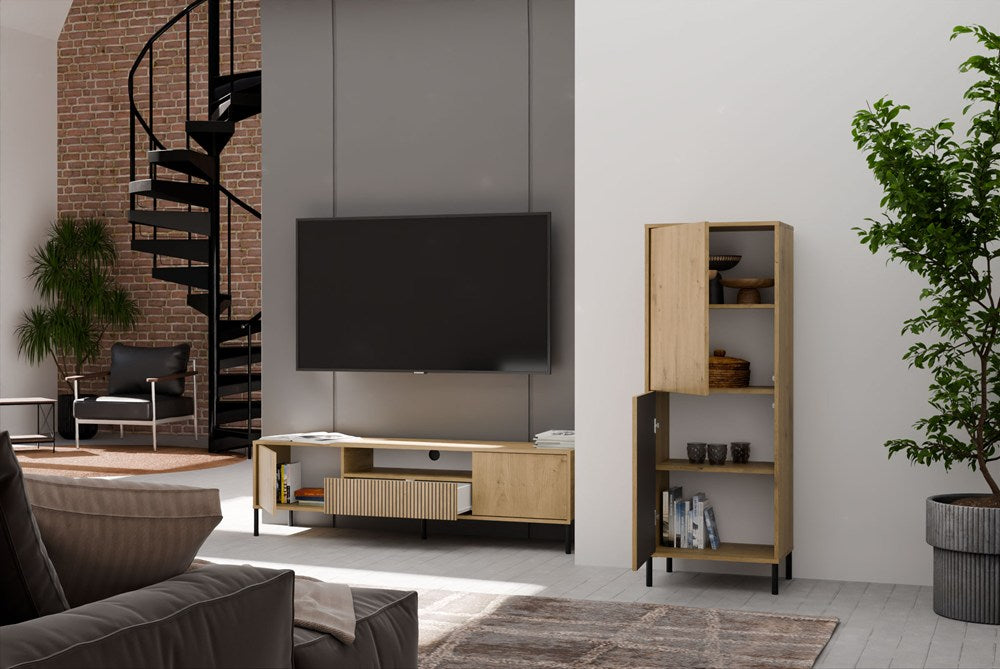 Vitrines szekrény KAMARO 2DK SLIM/sima artisan tölgy lamellás bordázott front + klasszikus