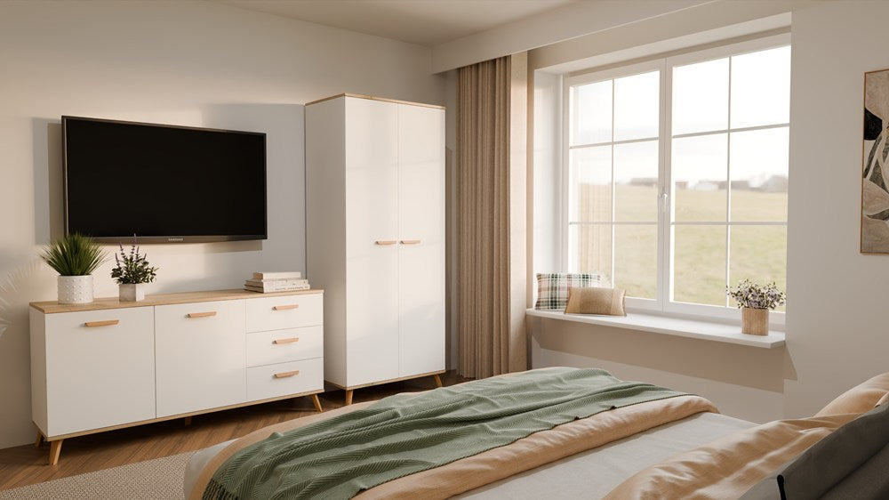 Szekrény Ubraniowa OLYMPO 2D fehér / artisan tölgy 80 cm Drążek 2 ajtós