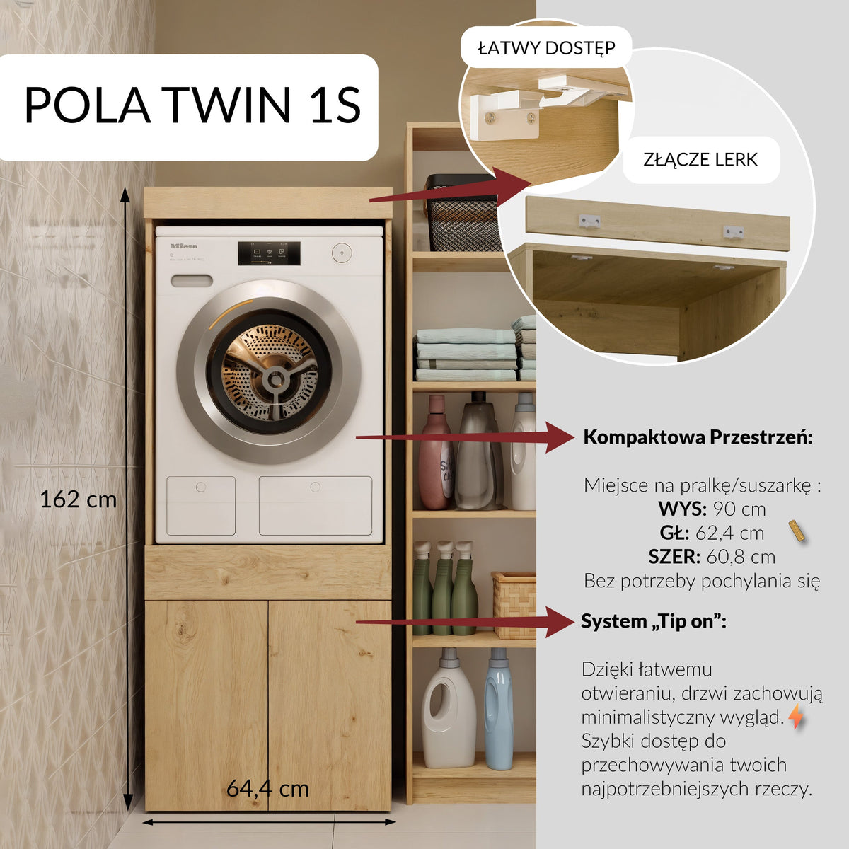 Mosógép fölé helyezhető fürdőszobaszekrény Lub szárítógép POLA TWIN 1S fiók artisan tölgy