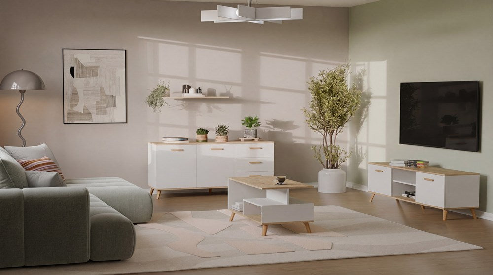 Komód OLYMPO 2D3S fehér / artisan tölgy 150 cm 3 fiókos 2 ajtós