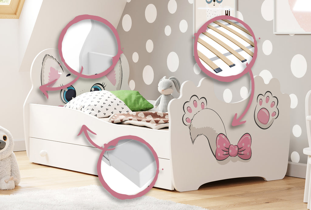 Pink Cat 140x70 children's bed with drawer