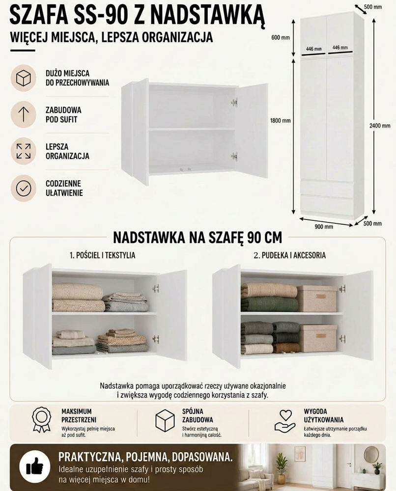Szekrény Malwa SS-90 felépítménnyel fehér gardróbhoz