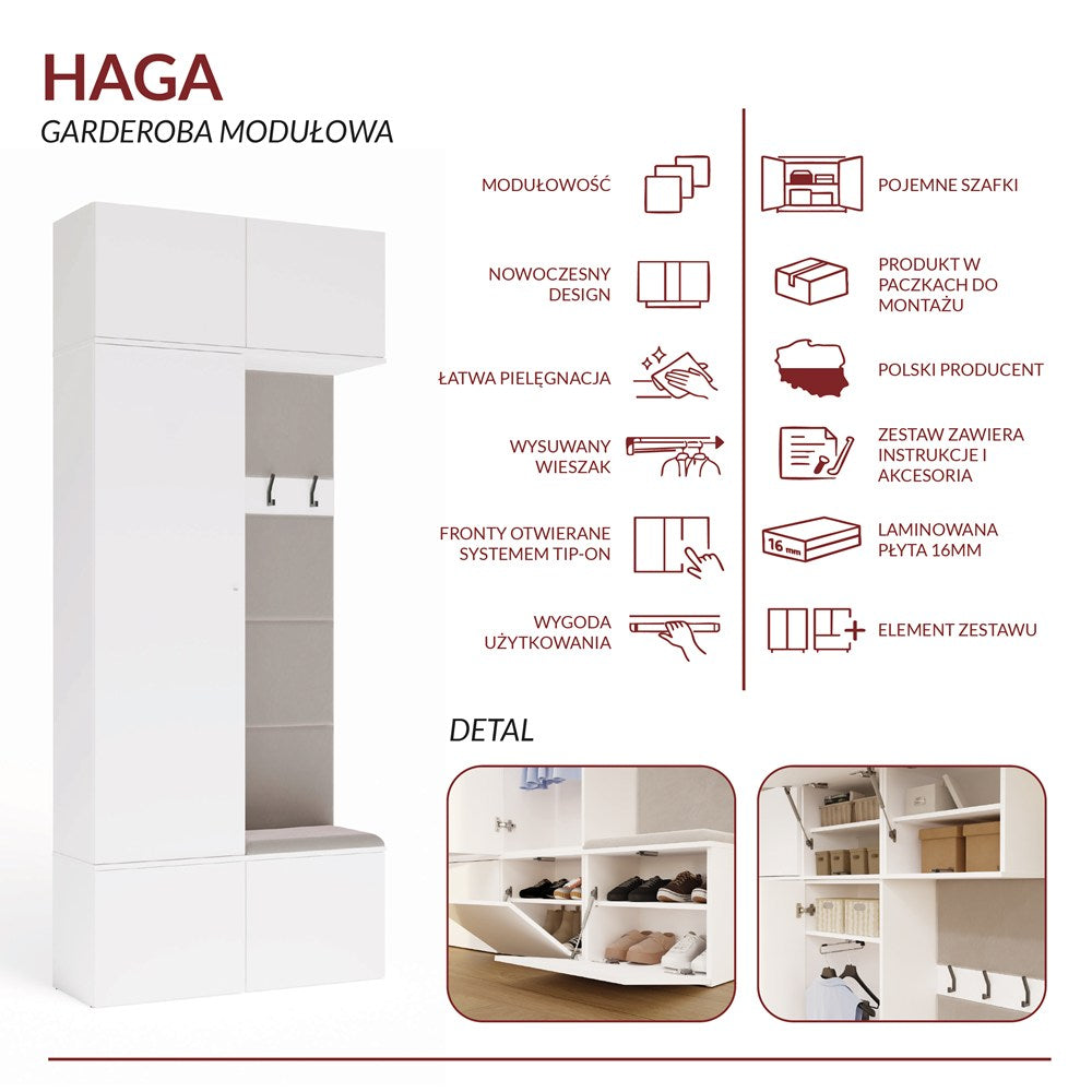HAGA II 1SZ1W előszobabútor – szekrény, fogas és ülőpad, fehér
