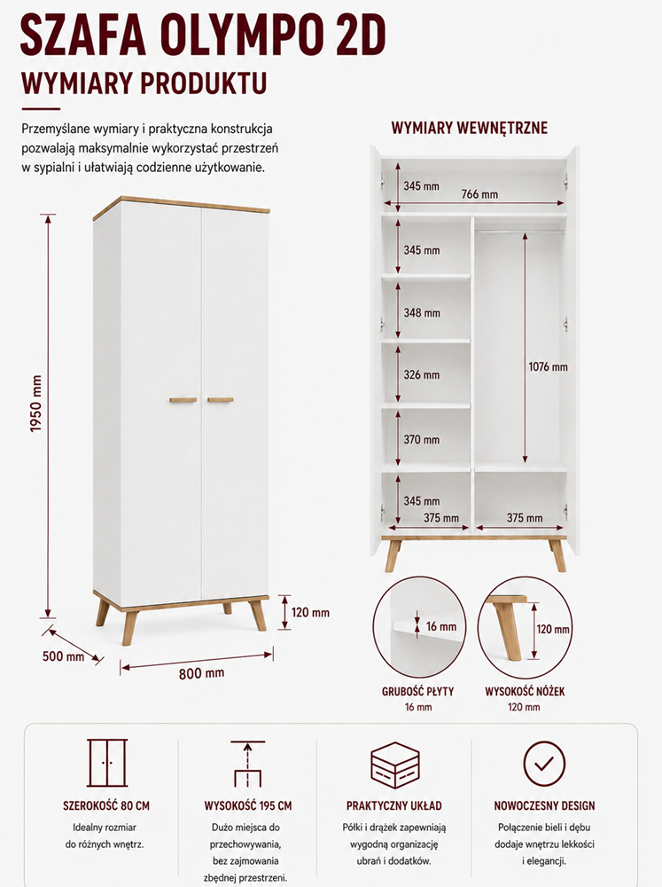 Szekrény Ubraniowa OLYMPO 2D fehér / artisan tölgy 80 cm Drążek 2 ajtós