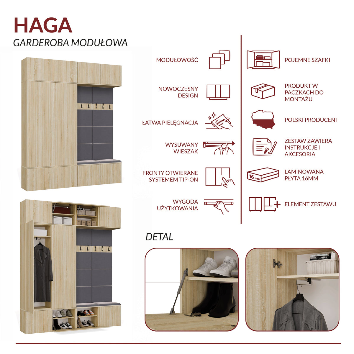 Előszobabútor HAGA IV/2Sz2W sonoma tölgy 2 szekrénnyel + 2 fogassal