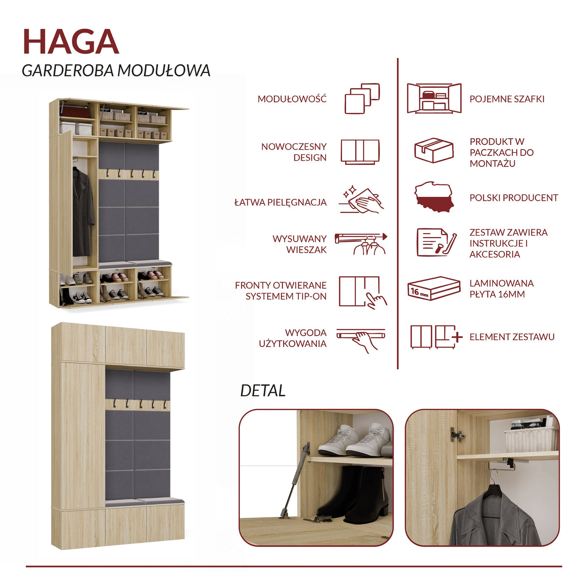 Előszobabútor HAGA III/1Sz2W sonoma tölgy + 2 fogassal