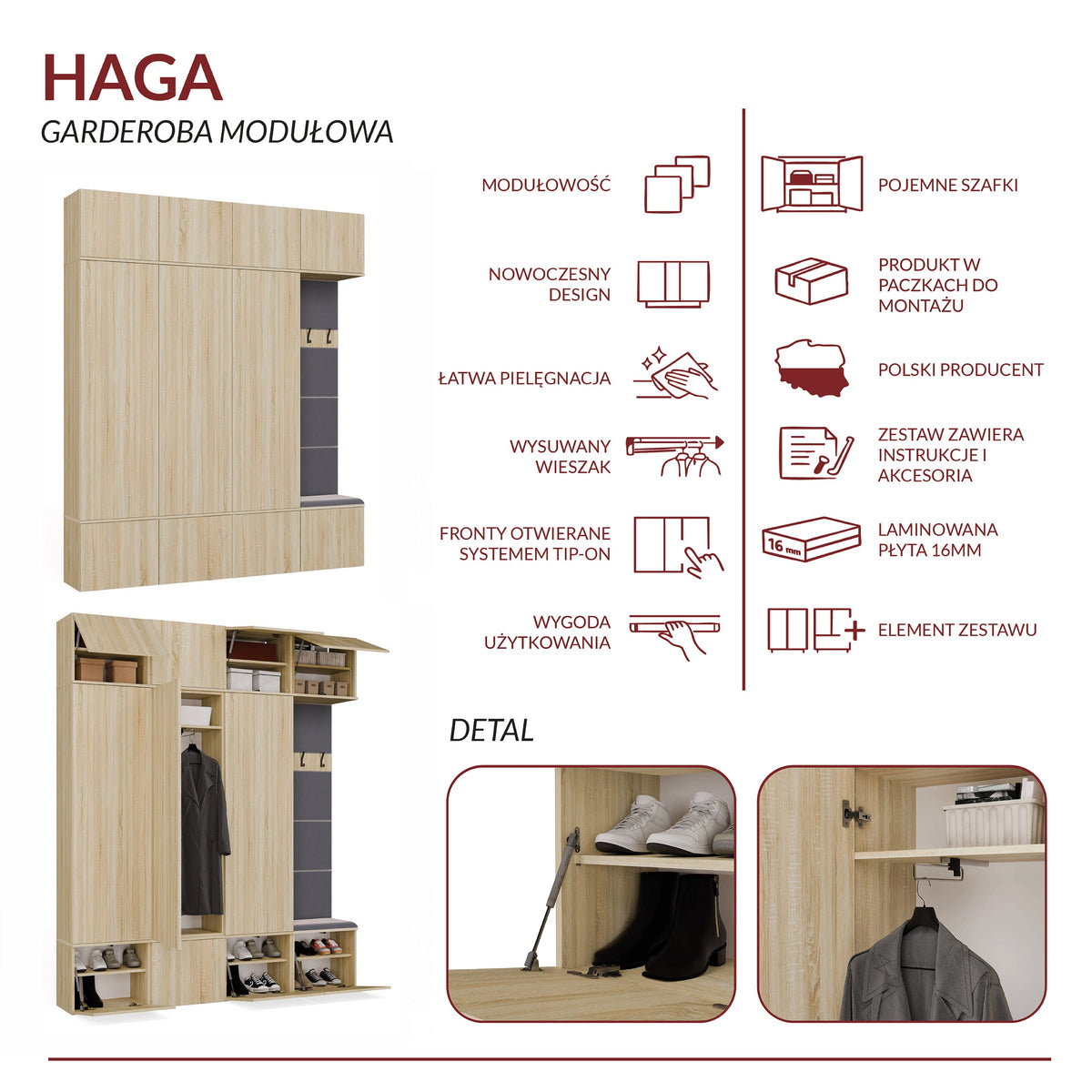 Előszobabútor HAGA IV/3Sz1W sonoma tölgy 3 szekrénnyel + Fogas
